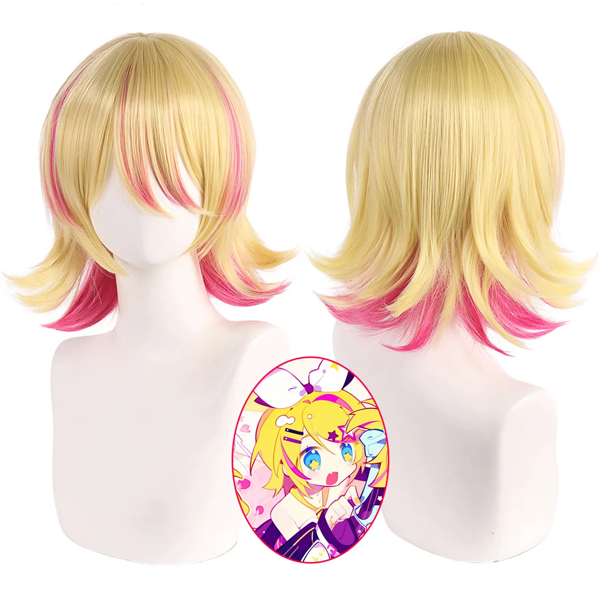 Parrucca cosplay sintetica Capelli biondi corti Code doppie Costume anime Gioco di ruolo per feste Carnevale Halloween Dress Up Resistente al calore
