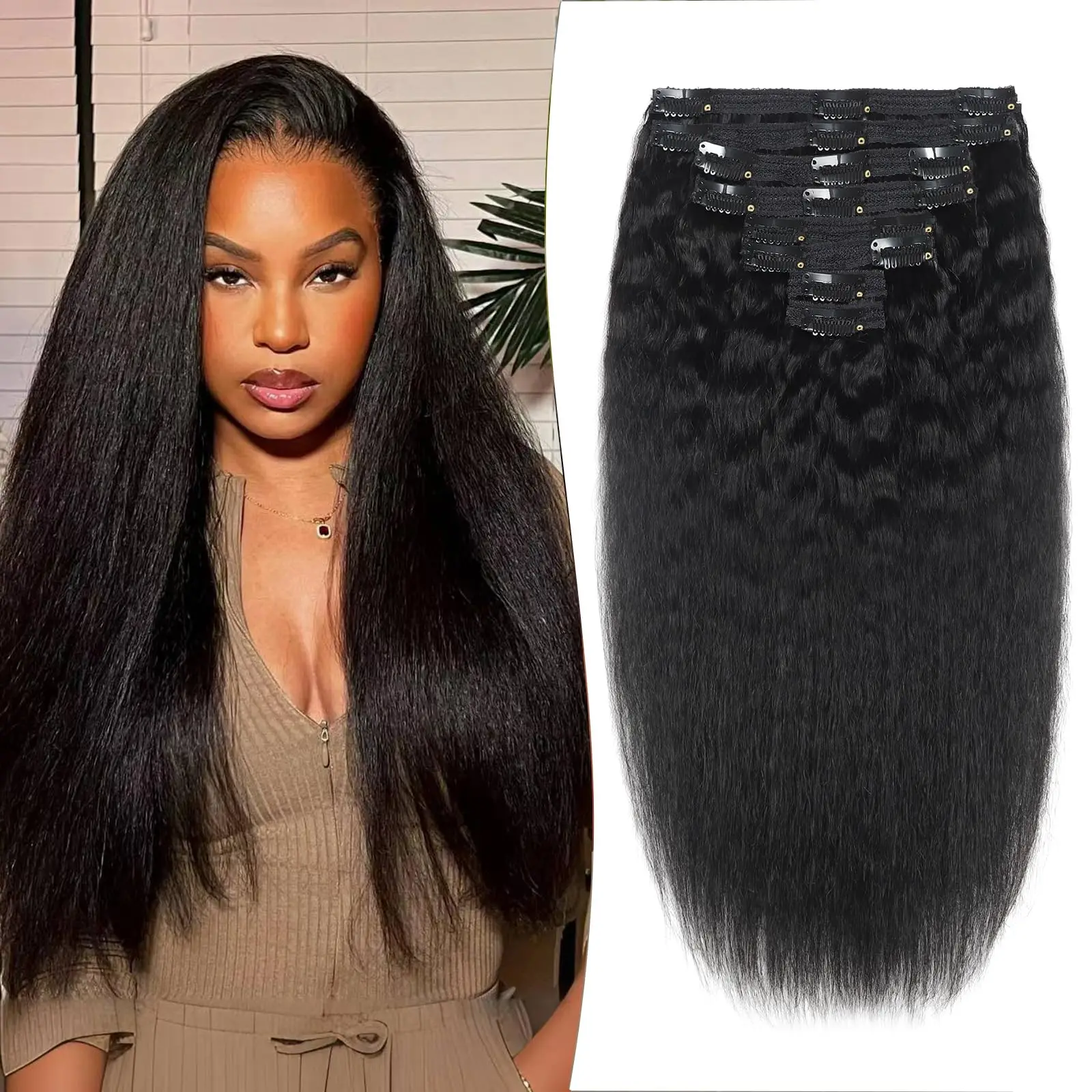 Kinky Straight Clip ins Clip in Hair Extensions Real Human Hair Natural Black for Women Remy Kinky Straight Human in