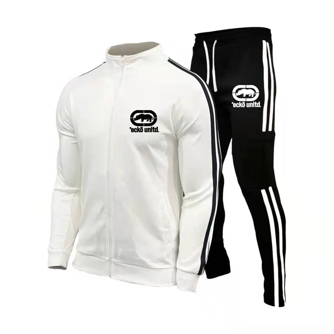 Men Ecko Unltd Rhino Print Tracksuit 2 Piece Set Striped Zip Up Stand Collar Jacket Cargo Jogger Pants Hip Hop Streetwear Sports