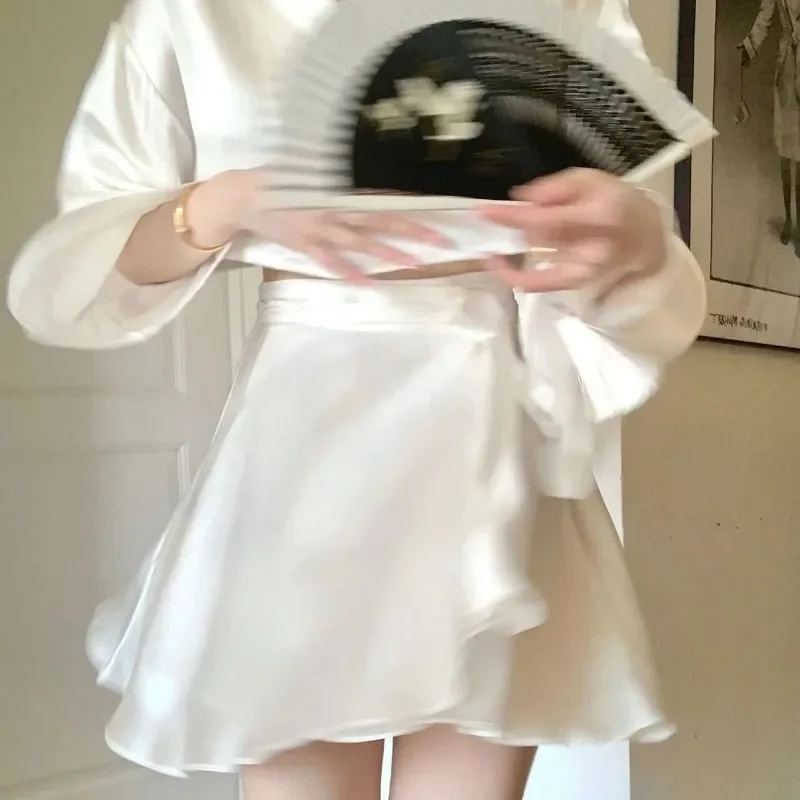 Premium Sense of Ice Silk Pajamas Female New Summer Models Elegant Home Wear Solid Color Top Short Skirt Suit Women's Pajamas