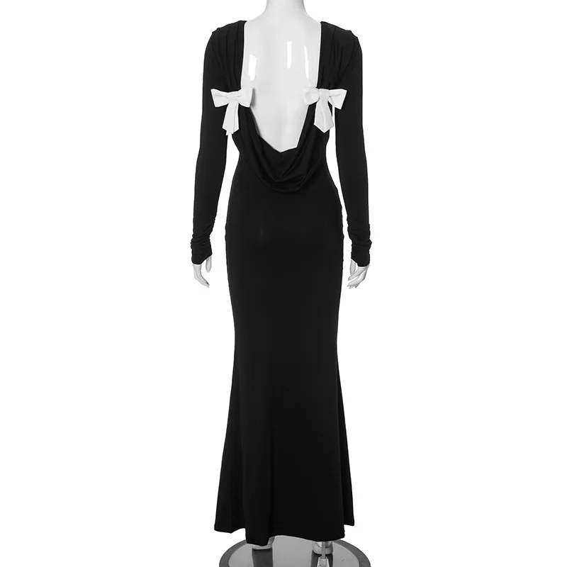 Black Tee Bow Backless Long Dress Women's Fashion High Waist Luxury Elegant Party Dress Gown Female Autumn Maxi Dress