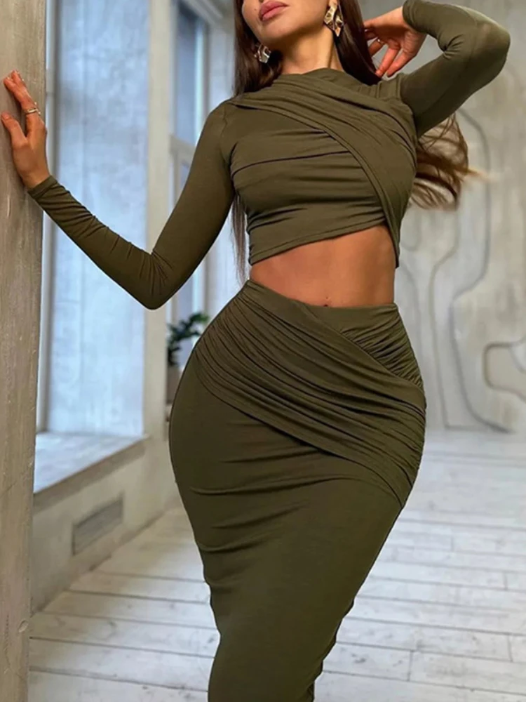 XIZOU Pleated Two 2 Piece Sets Womens Outfits Round Neck Irregular Tank Tops and Long Casual Skirt Female Party Matching Set