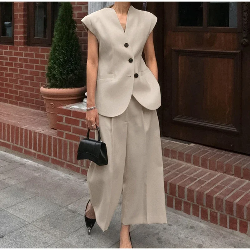 Elegant Waistcoat Pants Set For Women 2 Pieces Single Breasted Tank Wide Leg Trousers 2025 Spring Summer Lady Commute Outfits
