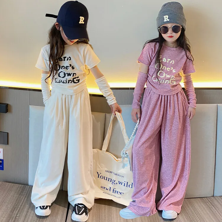 

Teen Girl 2024 Clothes Sets Spring summer Streetwear 2pcs Detachable Long Sleeve Tops Wide Leg Pants Girl Casual Outfits 10 12