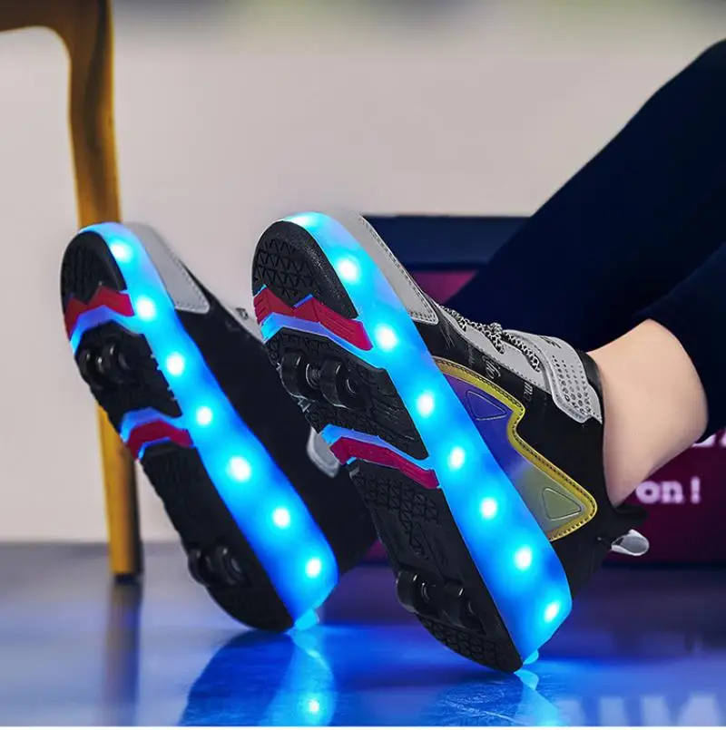 Children Four  Wheels Luminous Glowing Sneakers Black Pink Led Light Roller Skate Shoes Kids Led Shoes Boys Girls USB Charging