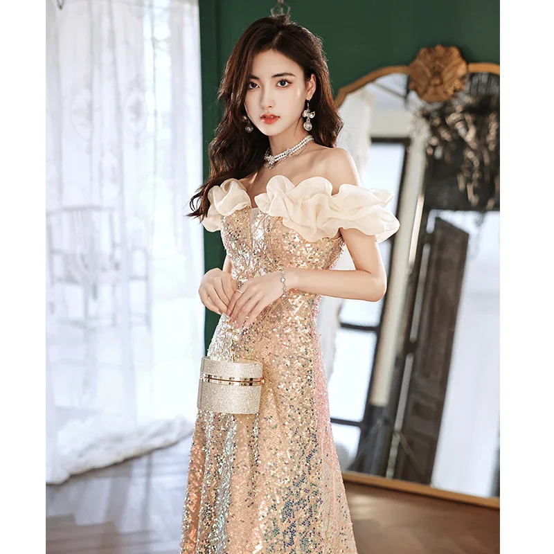 

Women Sparkly Exquisite Sequins Prom Dresses Sexy Off Shoulder Evening Party Gowns