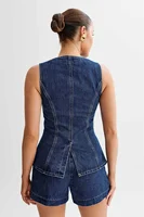 Summer Women's Denim Shorts Suit Sleeveless O-neck Single Breasted Split Top Vest High Waist Wide Leg Shorts 2024 Lady Sets - Image 3