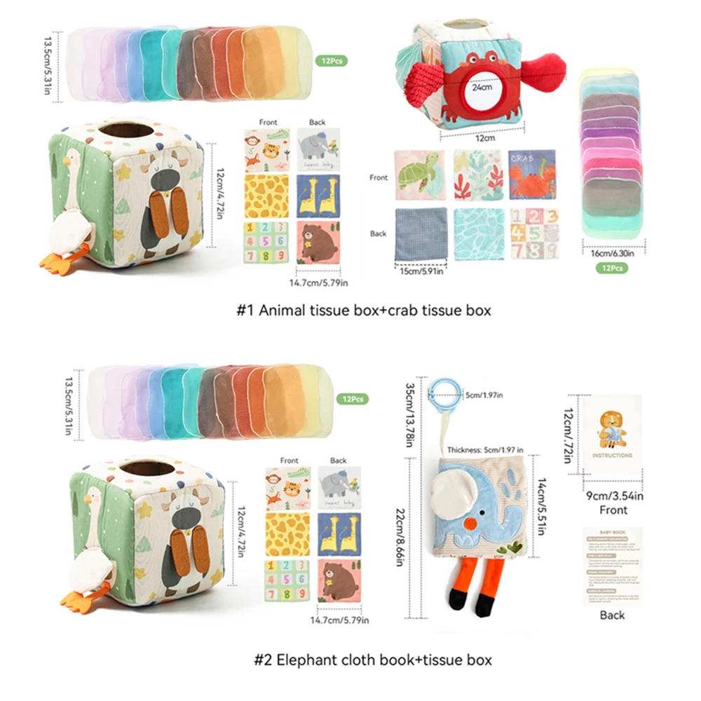 Baby Elefanten Tuch Buch Spielzeug Tissue Box Beruhigende Spielzeug Montessori Sinnes Spielzeug Pädagogisches Spielzeug Fördert die Feinmotorik Entwicklung Geschenk – Detail 1