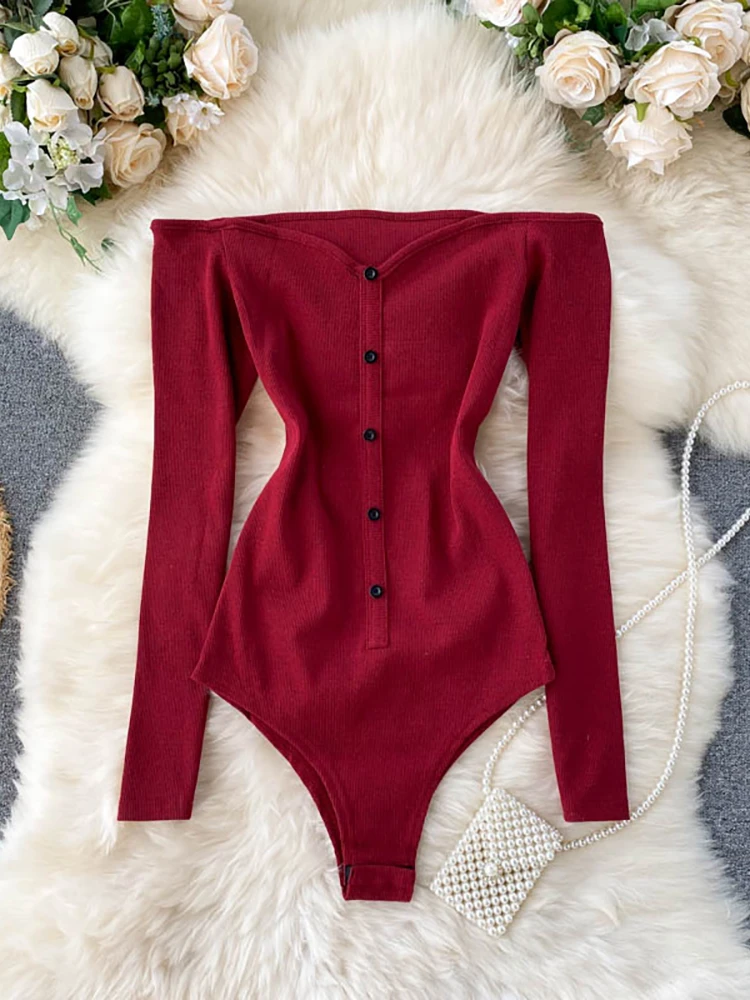 Casual Slash Neck Long Sleeve Bodysuit Autumn 2020 Single Breasted Playsuit Red/Gray/Black Sexy Knitted Rompers New Fashion 2020 black bodysuit