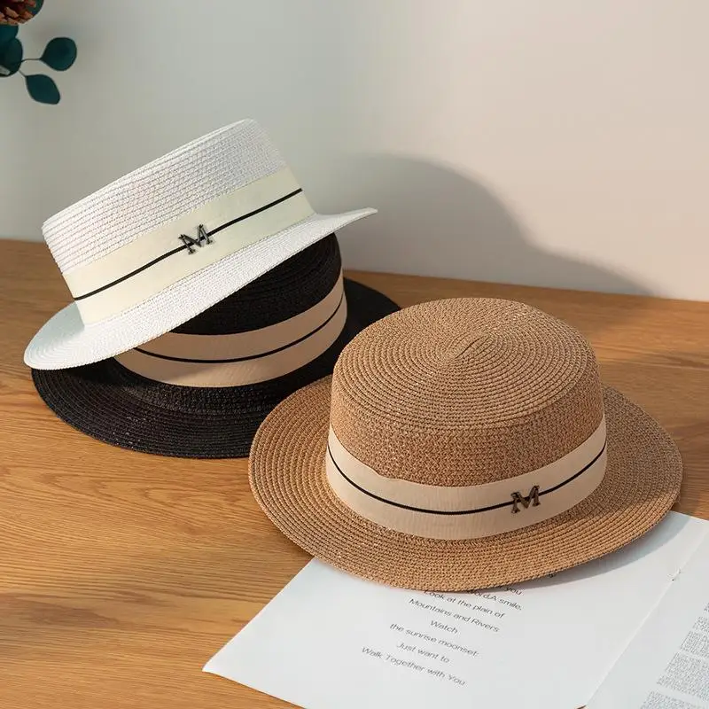 New Letters Embroidered Women Straw Hats Panama Wide Brim Jazz Hat Summer Hat Ladies Sun Hat Simple Flat Top Hat