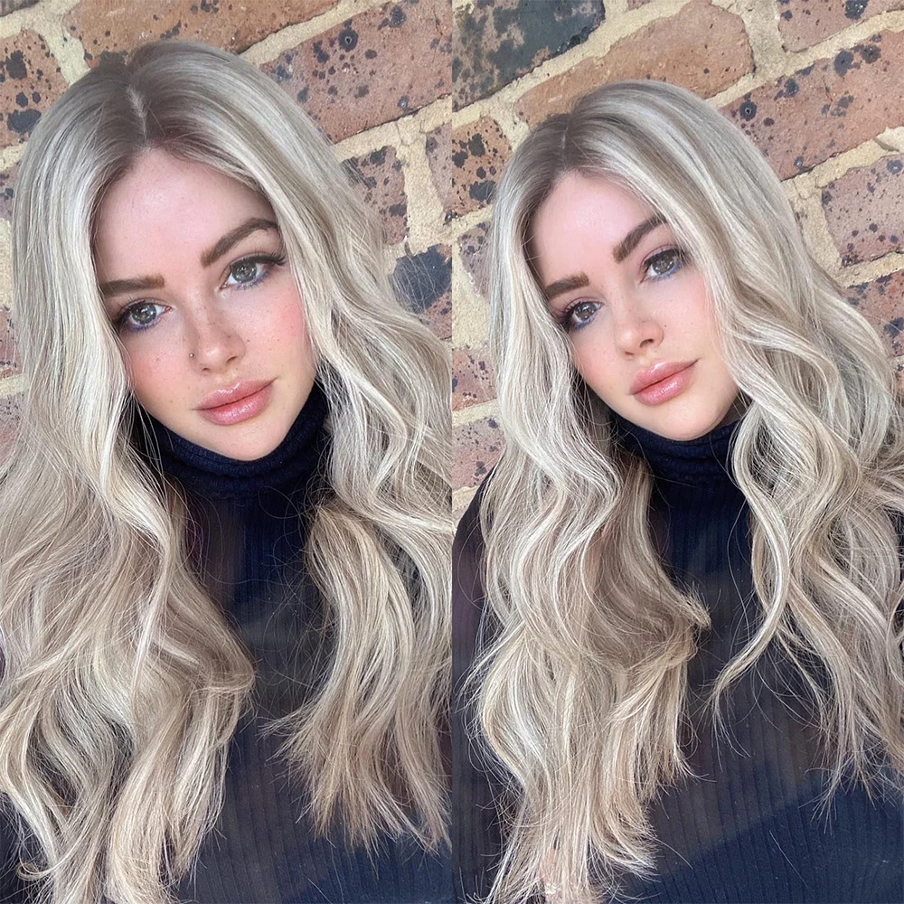 

Glueless Human Hair Wigs Summer Style Full Lace Wig Dark Roots Platinum Ash Blonde Highlights Wavy Wig HD 13x6 Lace Frontal Wig