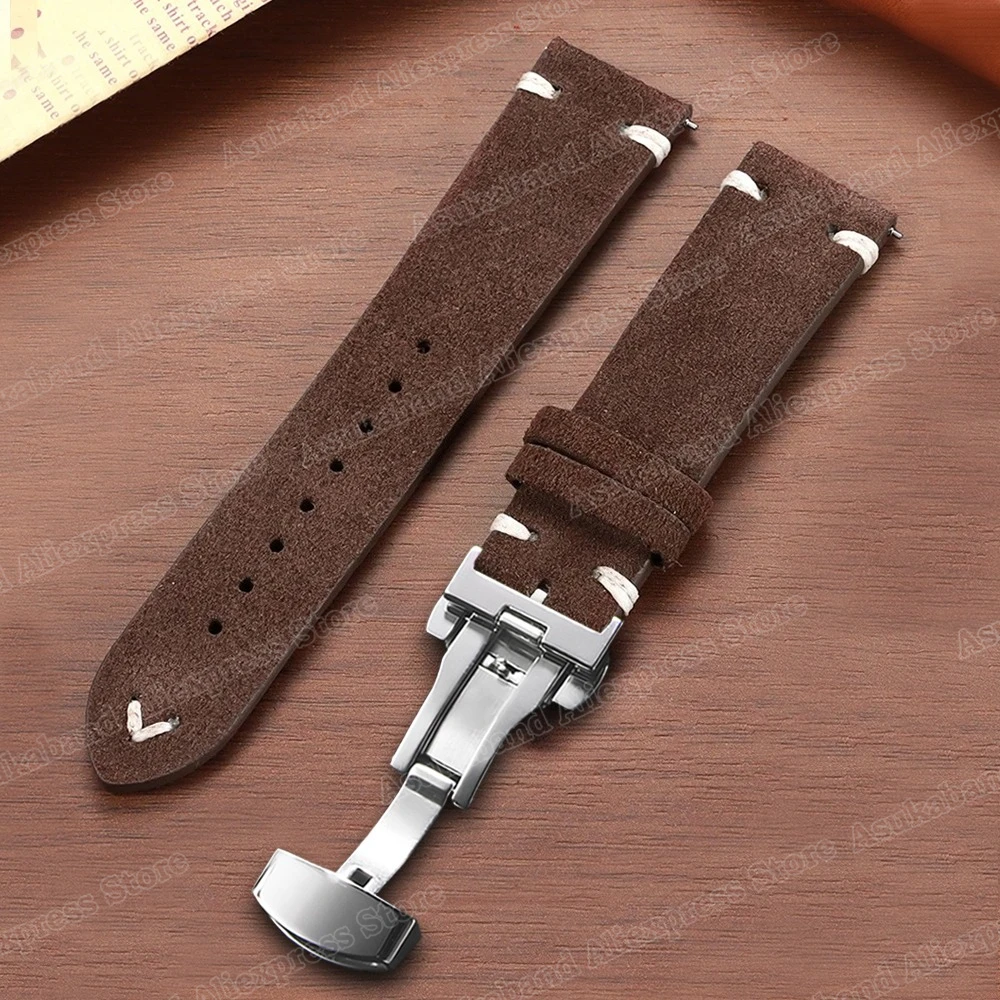 Quick Release Suede Stitching Genuine Leather Watch Band with Butterfly Buckle - Men's Straps