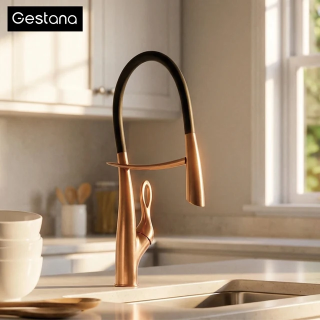 Robinet de cuisine Gestan en laiton brossé doré avec interrupteur tactile, noyau de valve en céramique à poignée unique, robinet d'évier d'eau chaude et froide 1