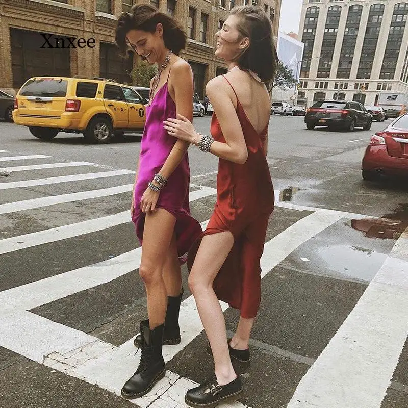 

Женское атласное платье на бретельках, длинное атласное платье с разрезом и открытой спиной, без рукавов, весна-лето 2022