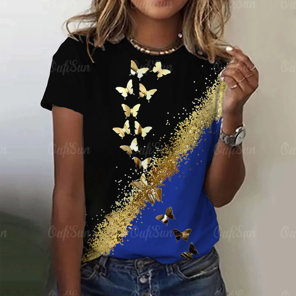 Sommer Frauen T-Shirt 3d Schmetterling drucken O-Ausschnitt lässig Damen Gradient T-Shirt weibliche Top Harajuku Mädchen Kurzarm Mode Kleidung — изображение 5