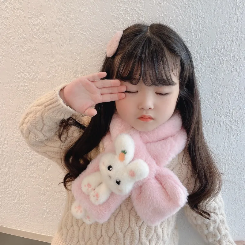 Baby Scarf Boys Girls Winter Scarfs Thick Plush Cross Children's Baby Bib Cute Cartoon Rabbit Faux Fur Neck Protection Warm Shawl baby scarf