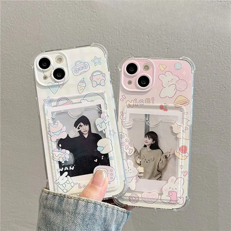 INS Korean Cute Pink Rabbit Card Slot Bag Holder Phone Case for IPhone 16 15 14 13 12 11 Pro Max 16 Plus 12 Mini 7 8 X XR Cover 2