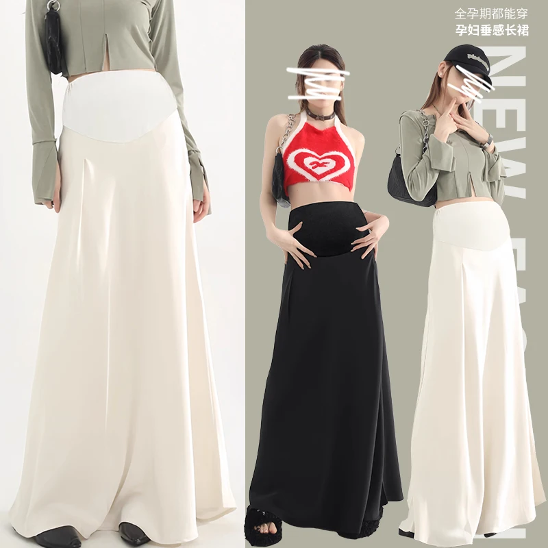 Satin A-Line Maternity Maxi Skirt-Stretchy Belly Panel, Flowy Spring Long Skirt with Adjustable Waist Pregnant Woman Skirts