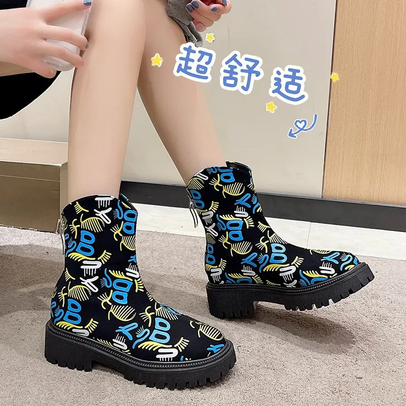 2024 Plus-Size Color Matching High-Heeled Doc Martens Testa Tonda Da Donna Graffiti Lazy Retro Stivaletti A Metà Polpaccio Stivaletti Alla Moda