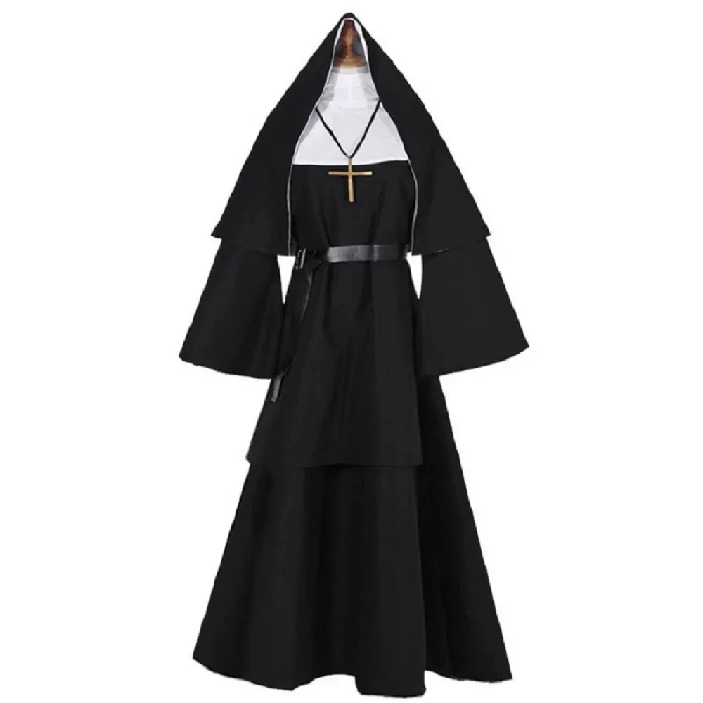 Nun Costume for Women Scary Halloween Costumes Plus Size Nun Outfit for Party Unisex Men Priest Cosplay Long Dress Adult Ghost