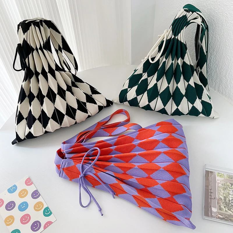 New 2023 Trend Plaid Foldable Diamond Lattice Casual Knit Tote Women's Novelty Handwoven Shopping Carryall Bag Soft Open Pocket