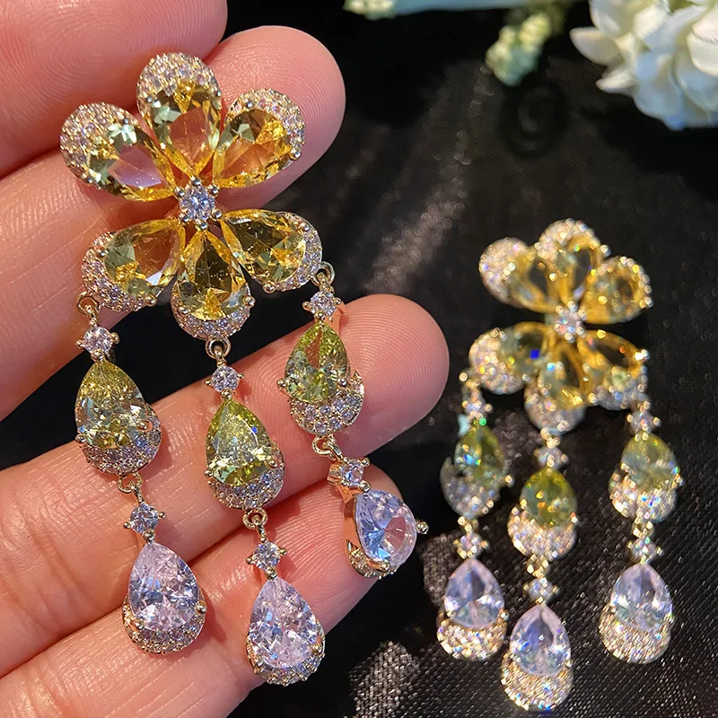Bilincolor Gradient Colored Zircon Exquisite Flower Tassel Earrings for Women