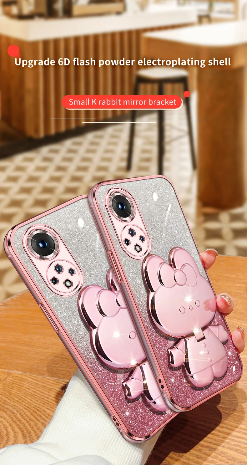 Honor50 Glitter Rabbit Makeup Mirror Holder Case On For Huawei Honor 60 50 90 30 20 Lite 30s Soft Cover Nova 10 11 Pro_voghion.com