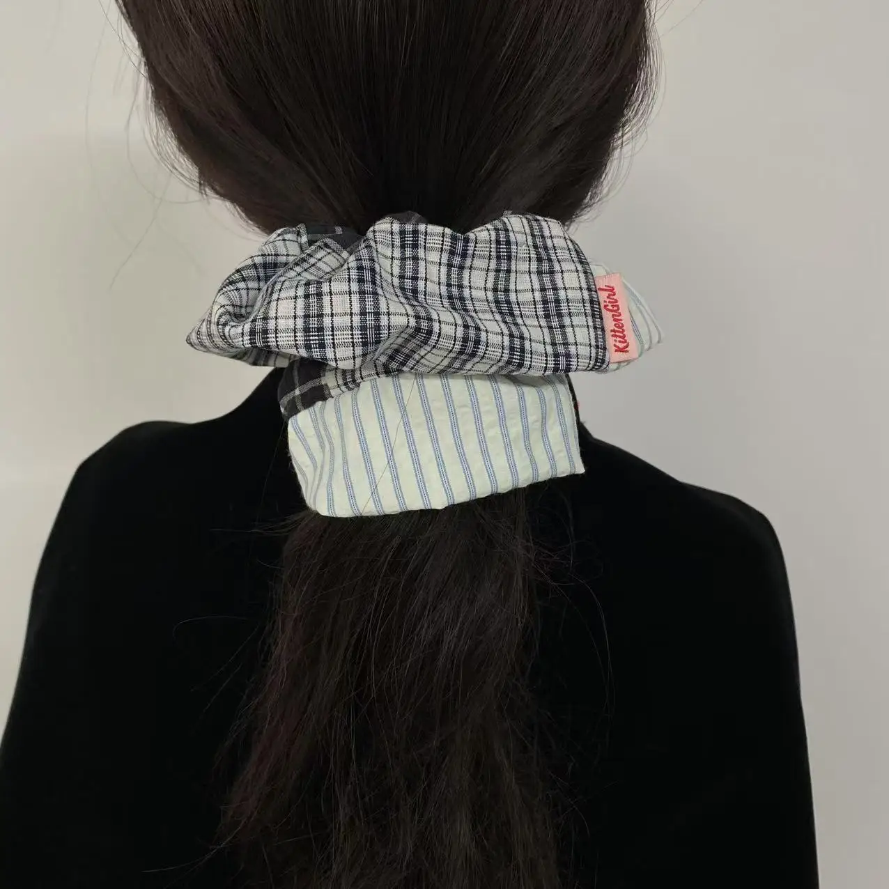 1PC Plaid And Striped Mixed Hair Scrunchie, Retro Fashion Hair Accessory For Women