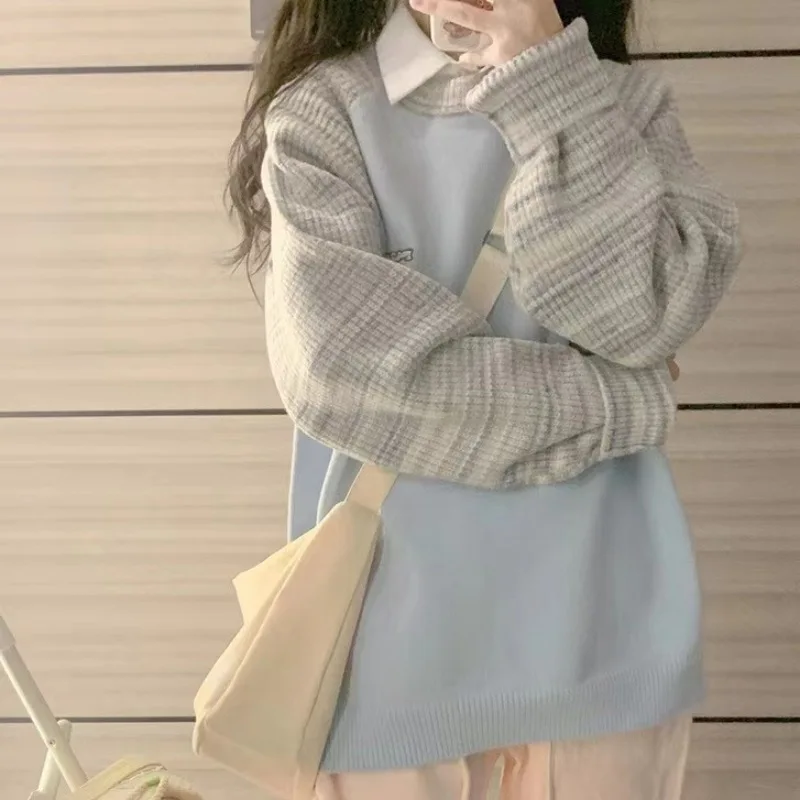 

Hsa 2023, новый модный вязаный зимний женский свитер, Осенний свободный свитер с круглым вырезом в студенческом стиле, Вязаный топ с длинными рукавами, пуловер