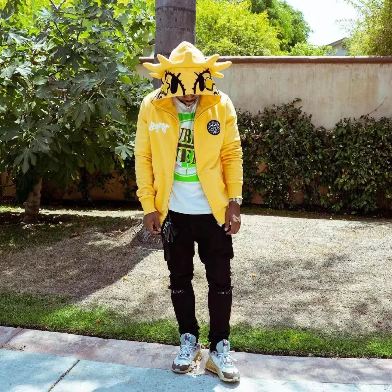 Y2k Yellow Star Lace Hoodie Cardigan Men Women American Autumn Sweatshirt Campus Style Personality Design Casual Hoodie Jacket