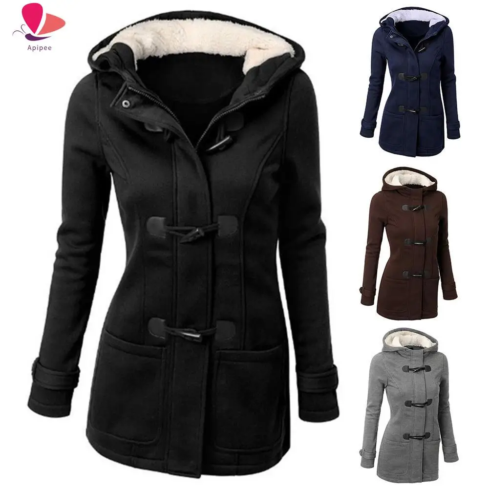 

2023 Winter Fashion Women Solid Color Horn Buckle Hooded Long Sleeve Coat Autumn And Winter Coat Woman Overcoat