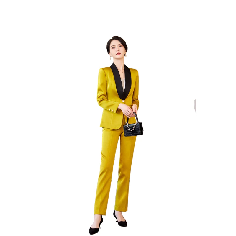 

High End Formal Suits Women New Spring Fashion Temperament Acetate Satin Slim Business Blazer And Pants Office Ladies Work Wear
