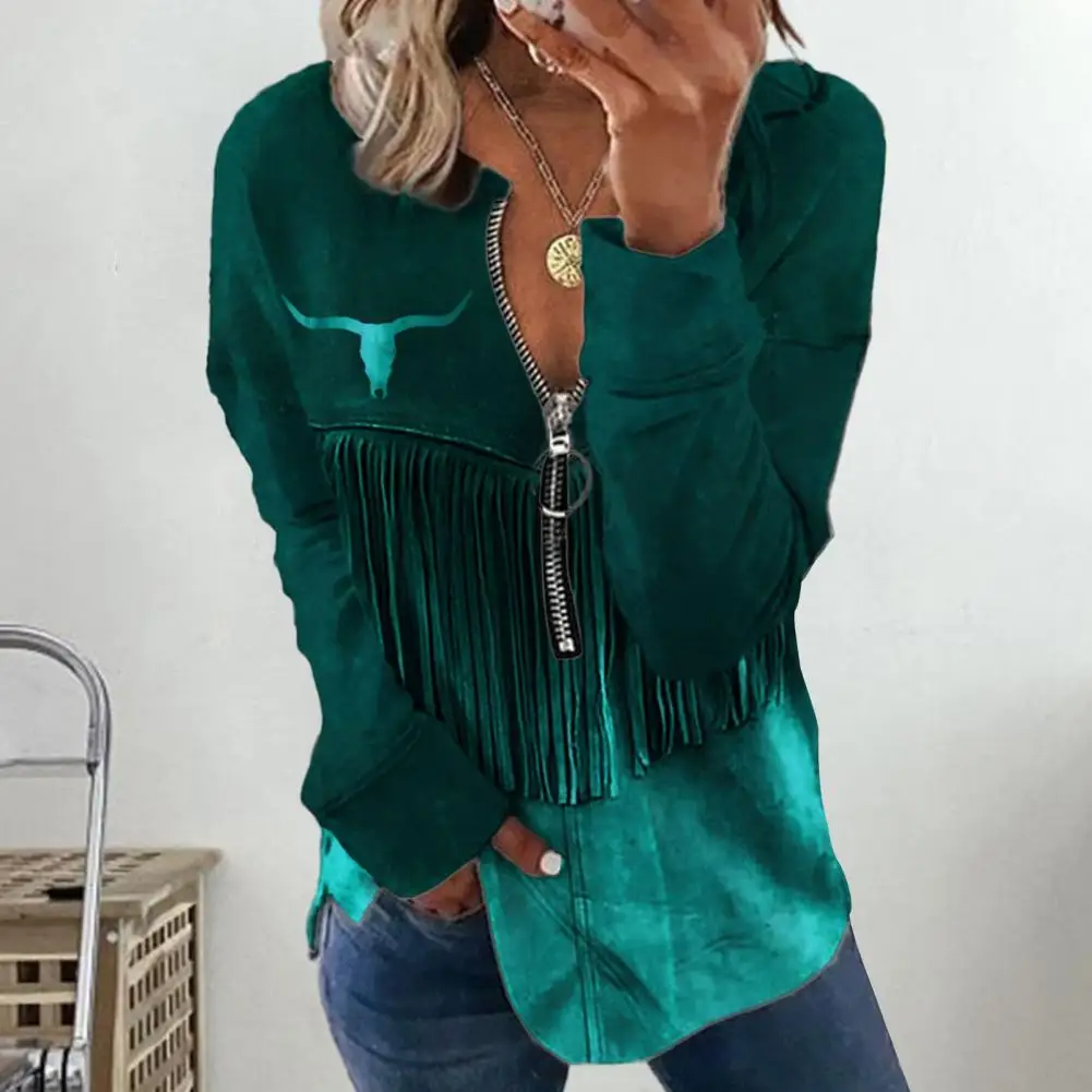 

Women Blouse Chic V-neck Tassel Print Women's Sweatshirt Blouses with Front Zipper Casual Trendy Female Tops for Everyday Wear