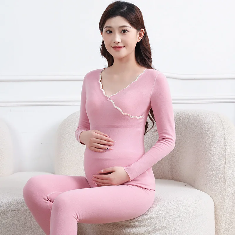 Pregnant Women's Clothing Set Autumn And Winter German Fleece Thermal Underwear With Cups Nursing Clothes Homewear Two-Piece Set 6