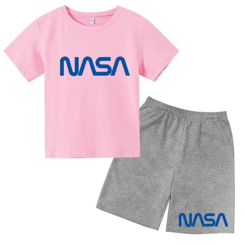 thumbnail image 1 of Conjunto de 2 camisetas y pantalones cortos con estampado de letras de verano para niños de 2 a 13 años, ropa deportiva de calle para niños y niñas, 1 of 5