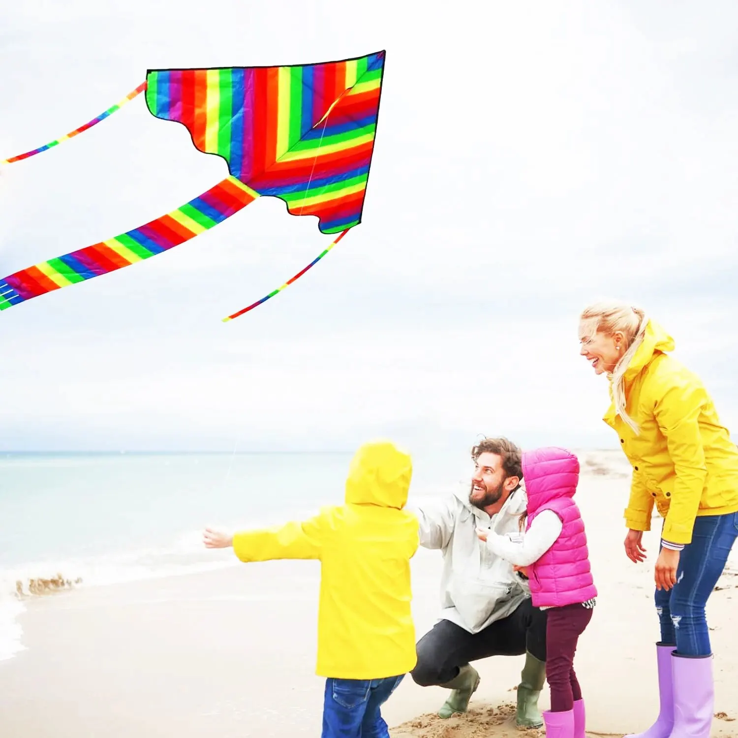 Outdoor Fun Sports Colorful Rainbow Kite With Handle And String For Kids Beach Toys Good Flying