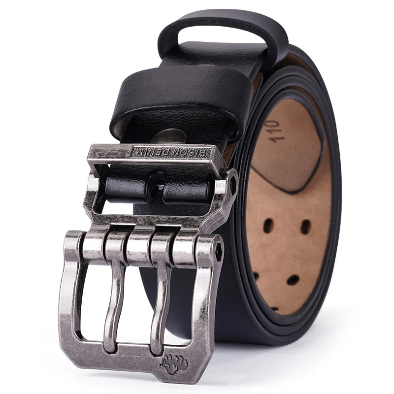 バイソンデニム男性ベルト本革ストラップ高級デザイナーピンバックル