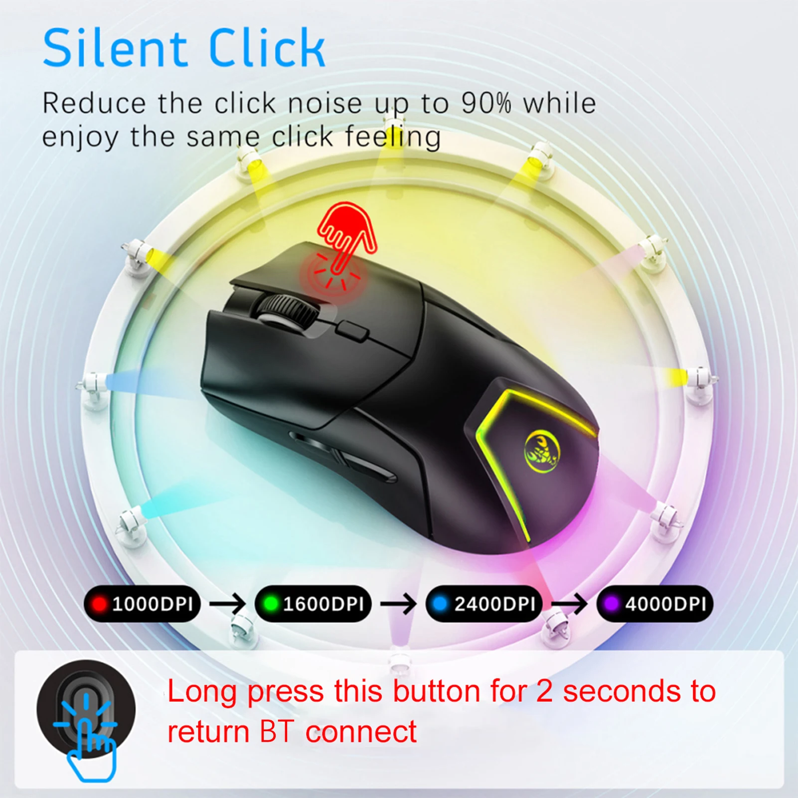 HXSJ T40 무선 마우스, BT5.1 + BT5.1 + 2.4G, 7 RGB 조명, 4000DPI 조절 가능, PC용 충전식 게이밍 마우스