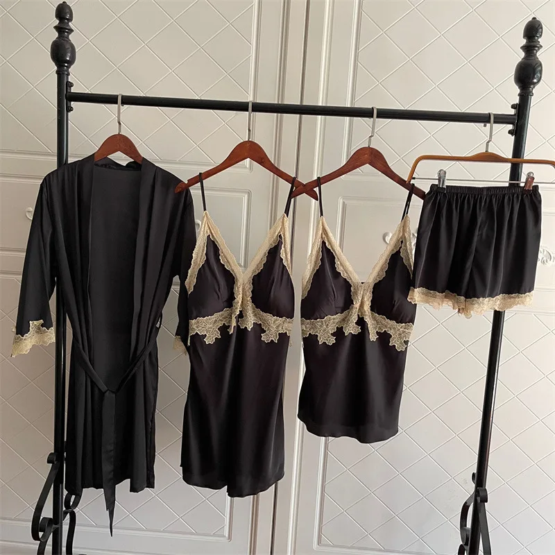 

Sexy Lace Trim Applique Rayon Satin Robe Nightdress Sling Shorts Women Homewear Pajamas Gown Set Cami Nighties Nightwear