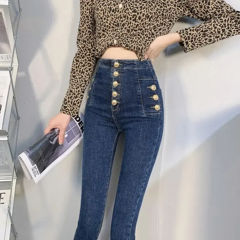 Jeans lápis de cintura alta feminina com decoração, calça jeans - Main Image