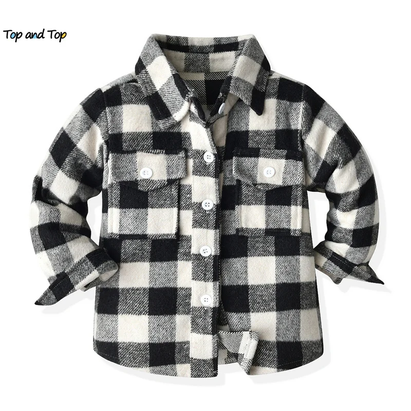 top and top Unisex Baby Boys Girls Long Sleeve Plaid Cotton Tee Shirts Tops Single Breasted Turn-down Casual Blouse