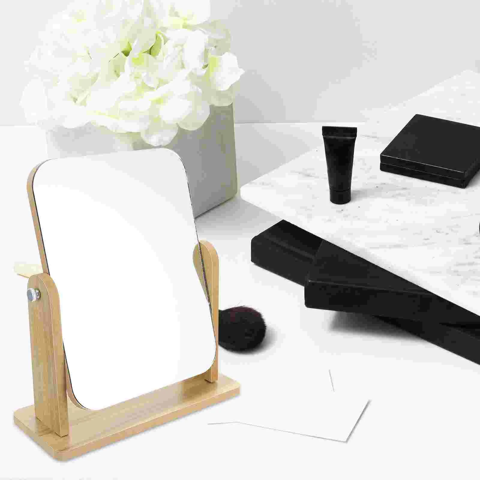 

Desktop Vanity Mirror Wooden Dresser Jewelry Shop Home Makeup Try on with Stand Glass Swivel Travel Women