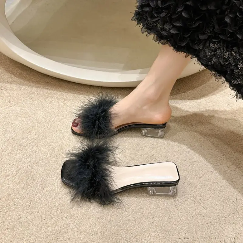 New Summer Fluffy Peep Toe Sexy High Heels Women Shoes Fur Feather Lady Fashion Slip On Ytmtloy Indoor House Slippers
