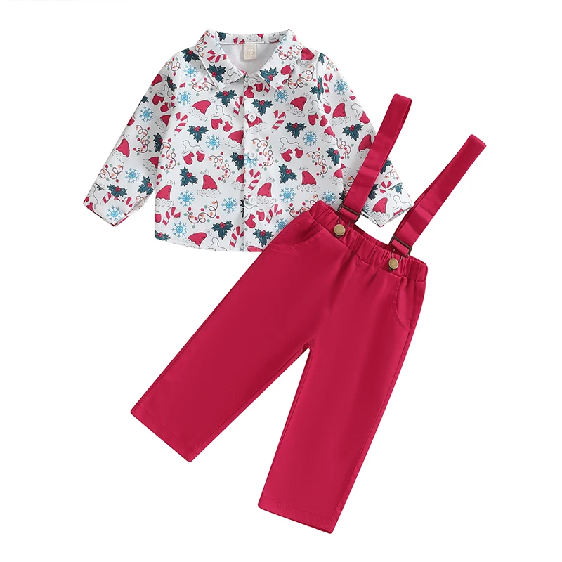 

Newborn Pants Outfits Little Boys Christmas Hat Print Button Down Shirt and Overalls Set Toddler 2 Piece Pants Suits