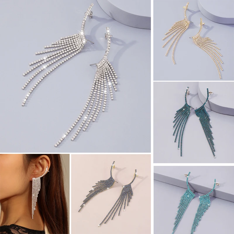 

Fashion Claw Chain Long Tassel Sexy Earrings Luxury Full Rhinestones Exaggerated Tassel Wedding Banquet Women's Earrings Jewelry