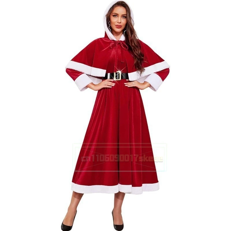 Mrs Claus Costume for Women Adult Santa Costumes Claus Dress Christmas Outfit with Hooded Cape Belt Winter Red Velvet Long Dress