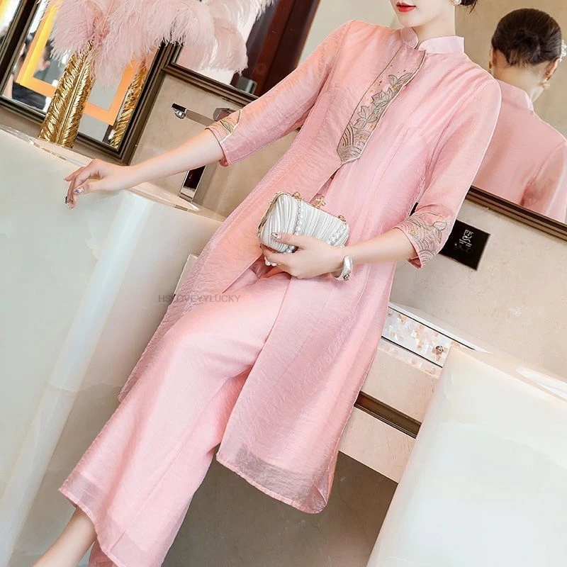 Chinese Style Traditional Chinese Vintage Cheongsam Set Vintage Embroidery Hanfu Set National Style Women Daily Qipao