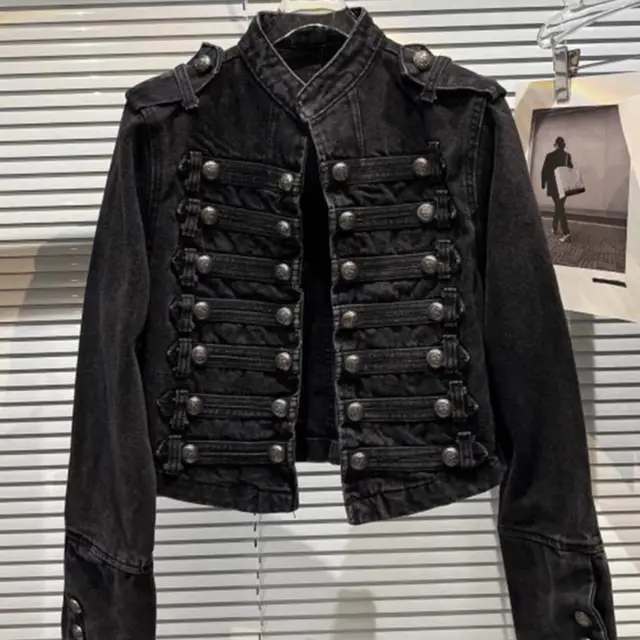 Chaqueta Mujer métal Double boutonnage col montant conception Denim veste haut Denim femmes vêtements pardessus américain vêtements d'extérieur 1