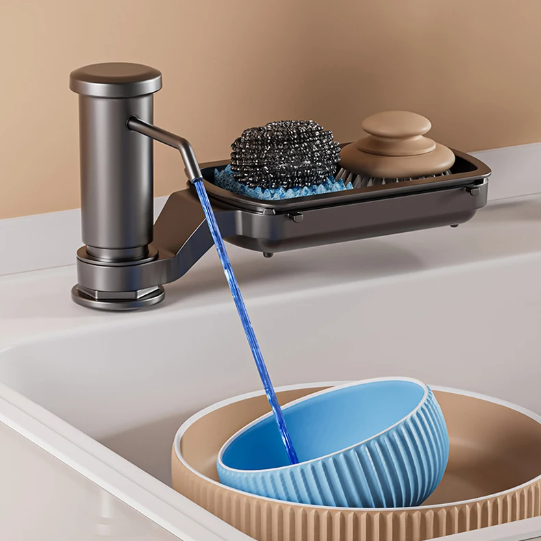 Black Kitchen Sink Soap Liquid Pump with Removable Storage Rack and Drainer Basket, Multiple Use Soap Dispenser, Sponge Storage