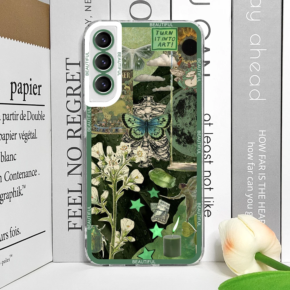 Cool Green Retro Flower Stickers Soft TPU Clear Phone Case Cover